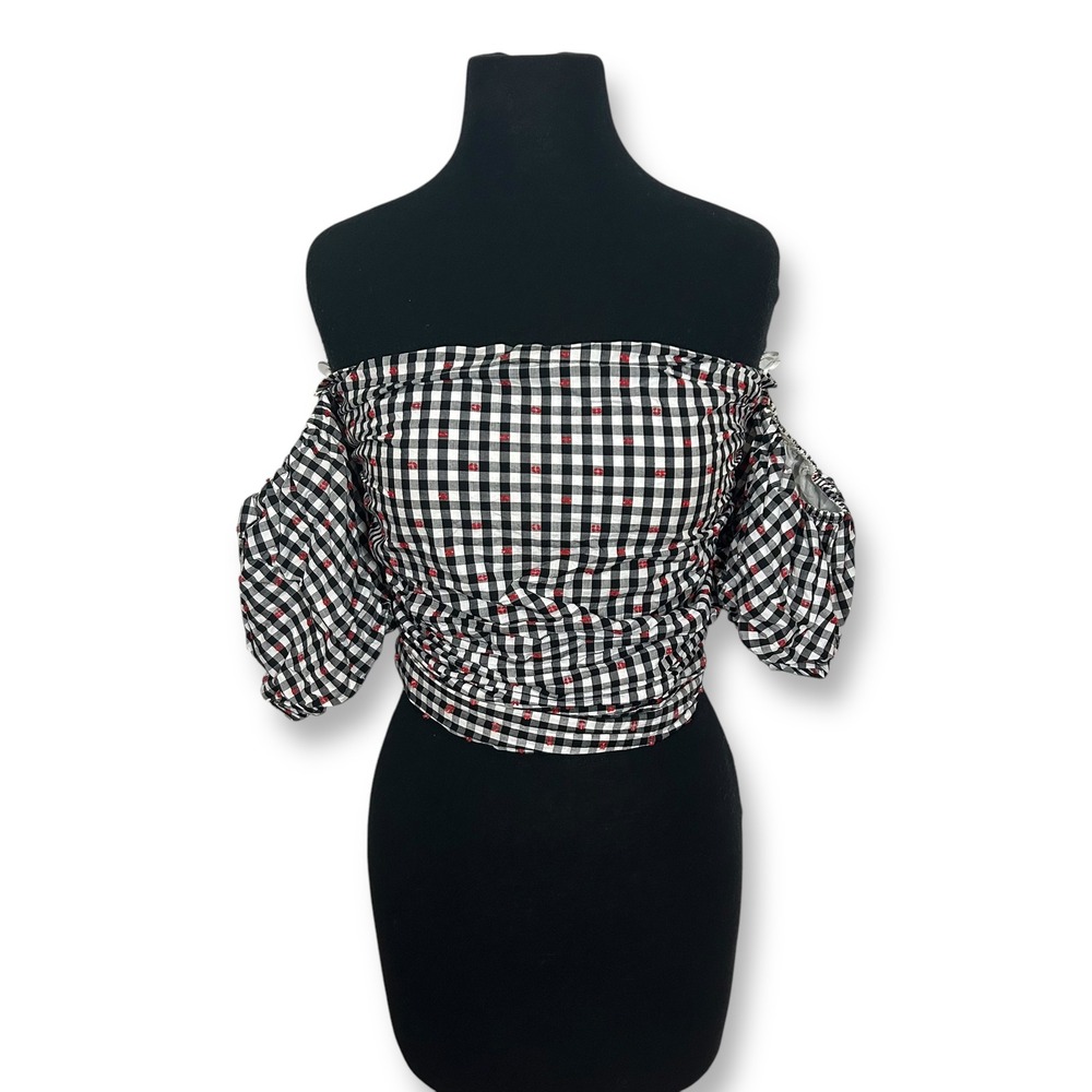 EUC Dolan Gingham Off Shoulder Crop Top Tie Front Blouse Red‎ Accent Size S
